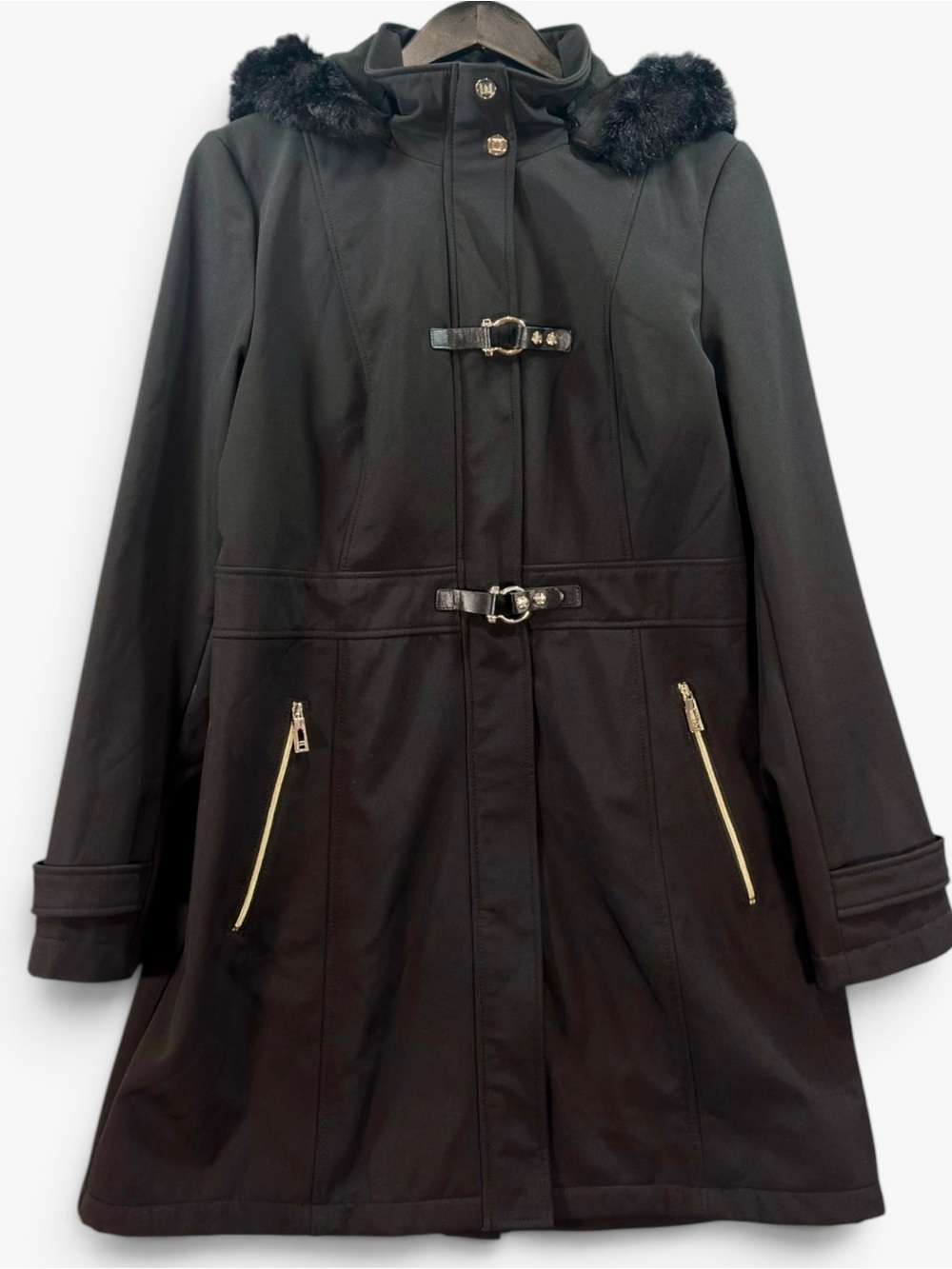 Ivanka Trump Black Trench Coat with Faux Fur Trim and Gold Accents